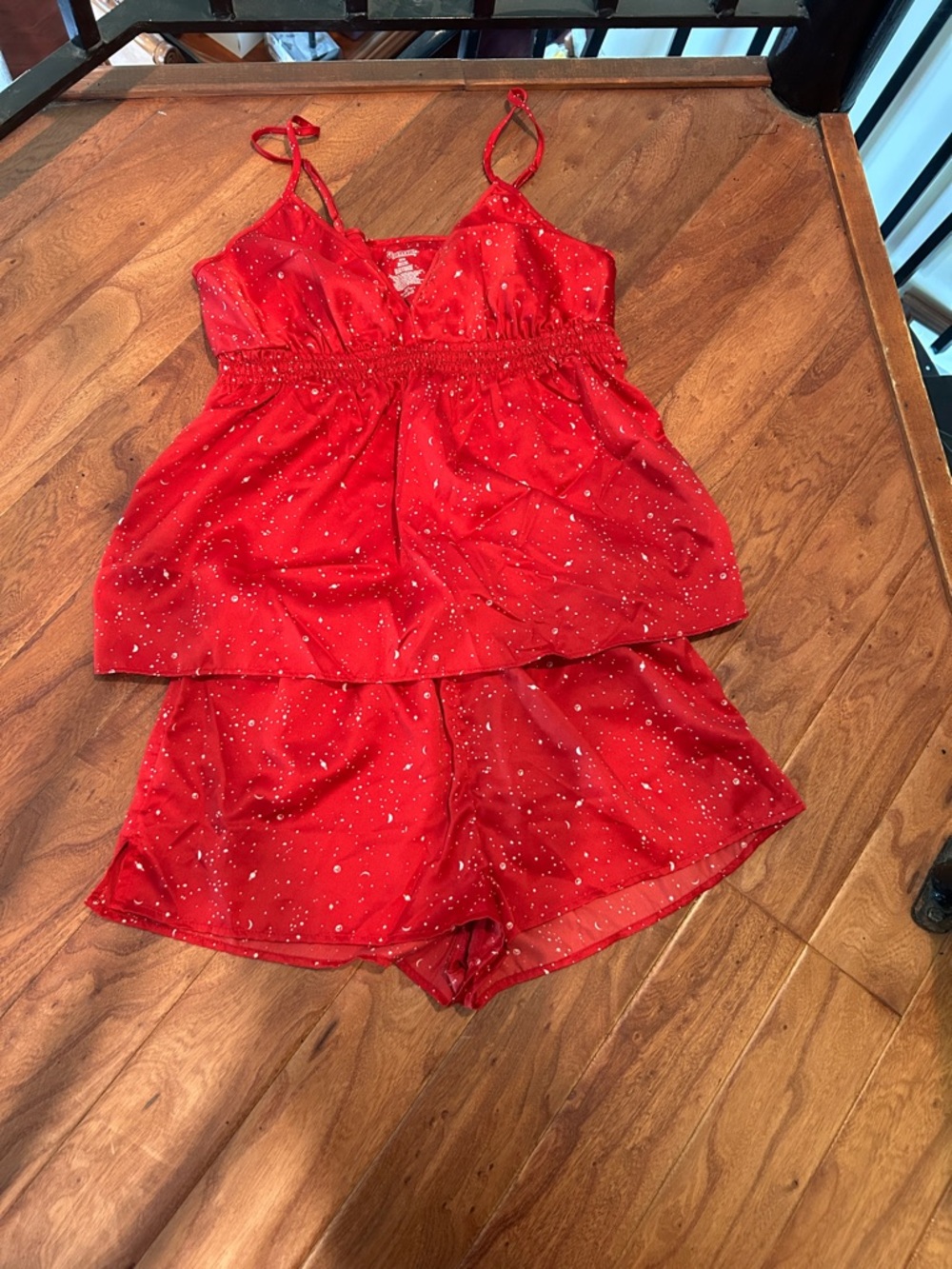 Enchanting Red Satin Galaxy Printed Two Piece Pajama Set Size Medium